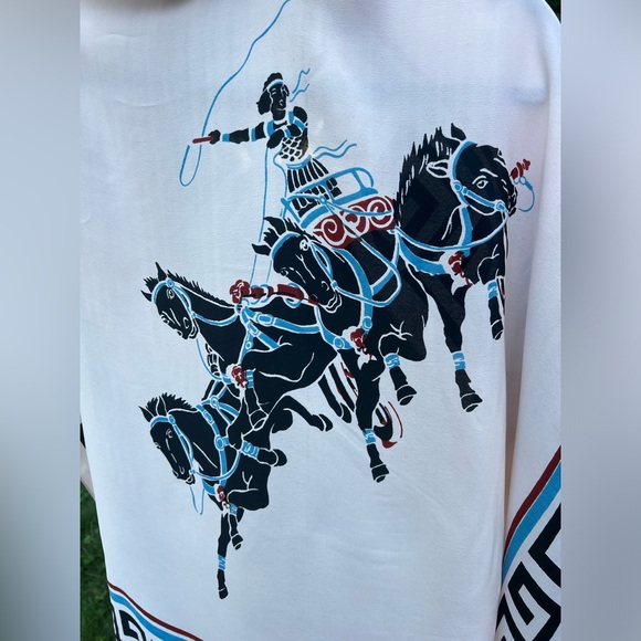 Vintage Chariot Scene Crepe Silk Scarf | Cohama | Charioteer Warrior | 33”x38.5” - Picture 10 of 17